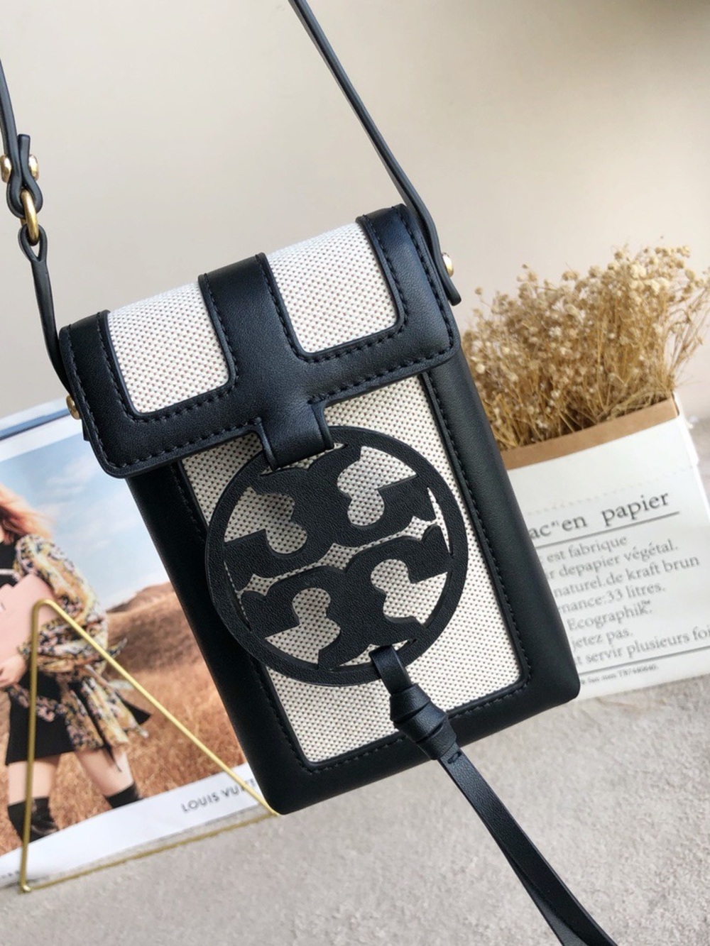 Tory Burch Black and Cream Logo Crossbody Phone Bag